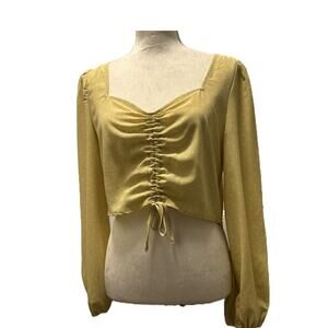 NWT Le Lis Collection Balloon Sleeve Polka Dot Gold Crop Top Ruch Front-Large